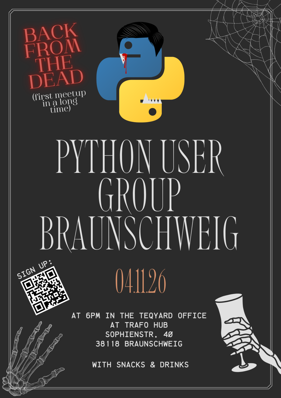 Meetup poster: Python User Group Braunschweig, 04.11.26, 6pm at TRAFO Hub